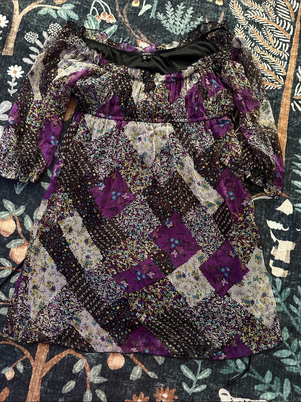 Purple Patchwork Floral Off-Shoulder Blouse